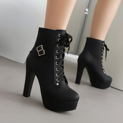 [Everyday Elegance] Women's Black Platform High Heels - Fashionable Round-Toe Lace-Up Boots with Buckle Straps, Thick Sole, and Side Button Detail, Stylish PU Cover Dress Boots