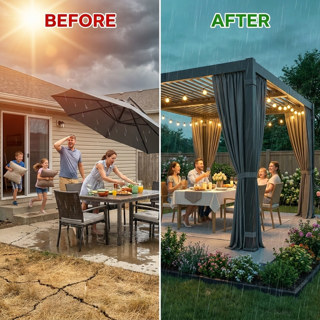 12' X 20' Louvered Pergola, Outdoor Pergola with Curtains & Netting, Metal Patio Pergola with Adjustable Louvers Roof and Gutter System, Metal Hardtop Gazebo for Patio, Deck, Garden, Yard, Dark Gray — Before & After
