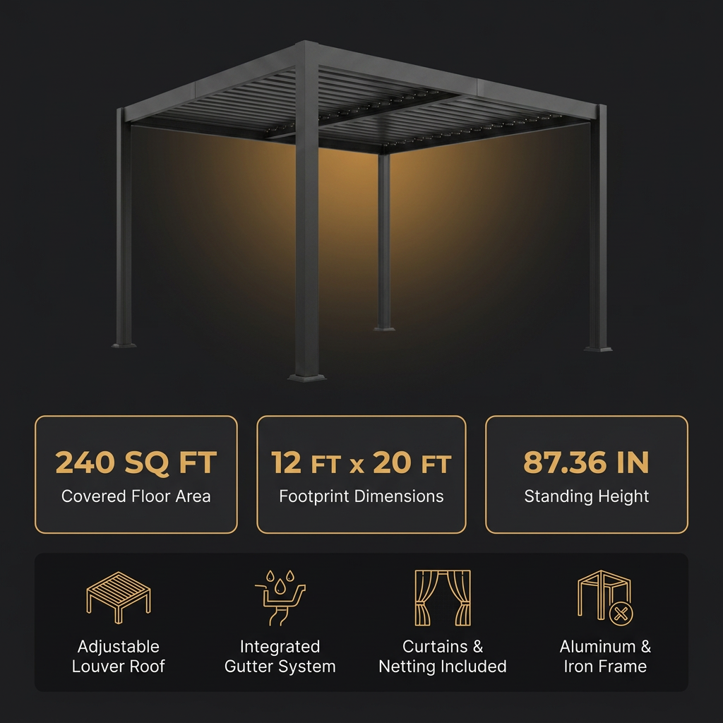 12' X 20' Louvered Pergola, Outdoor Pergola with Curtains & Netting, Metal Patio Pergola with Adjustable Louvers Roof and Gutter System, Metal Hardtop Gazebo for Patio, Deck, Garden, Yard, Dark Gray — Results & Stats