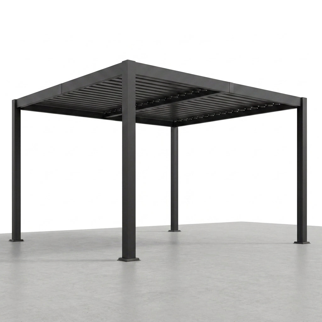 12' X 20' Louvered Pergola, Outdoor Pergola with Curtains & Netting, Metal Patio Pergola with Adjustable Louvers Roof and Gutter System, Metal Hardtop Gazebo for Patio, Deck, Garden, Yard, Dark Gray — Studio Shot
