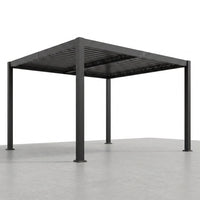 12' X 20' Louvered Pergola, Outdoor Pergola with Curtains & Netting, Metal Patio Pergola with Adjustable Louvers Roof and Gutter System, Metal Hardtop Gazebo for Patio, Deck, Garden, Yard, Dark Gray — Studio Shot