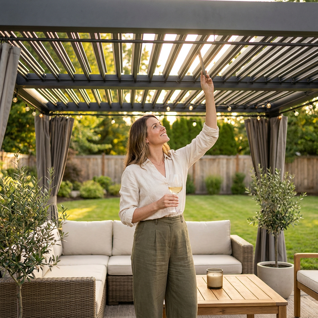 12' X 20' Louvered Pergola, Outdoor Pergola with Curtains & Netting, Metal Patio Pergola with Adjustable Louvers Roof and Gutter System, Metal Hardtop Gazebo for Patio, Deck, Garden, Yard, Dark Gray — Lifestyle