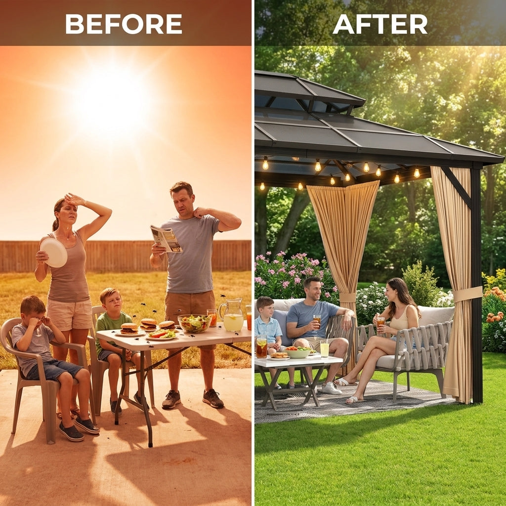 12'X10' Hardtop Gazebo, Aluminum Permanent Pavilion with Polycarbonate Double Roof, Removable Curtains & Mosquito Netting for Patio, Garden, Lawn, Upgrade Your Outdoors (Brown, 12'X10') — Before & After