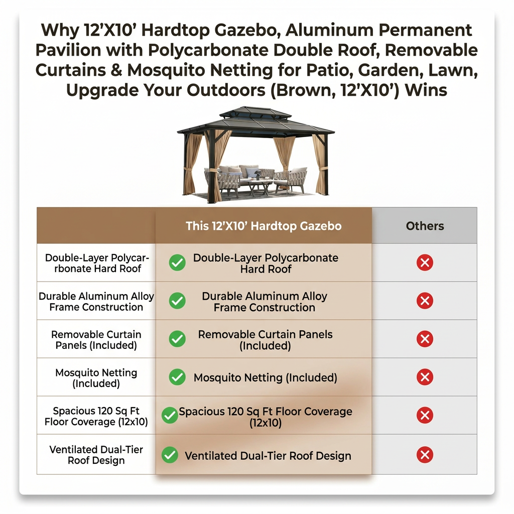 12'X10' Hardtop Gazebo, Aluminum Permanent Pavilion with Polycarbonate Double Roof, Removable Curtains & Mosquito Netting for Patio, Garden, Lawn, Upgrade Your Outdoors (Brown, 12'X10') — Comparison