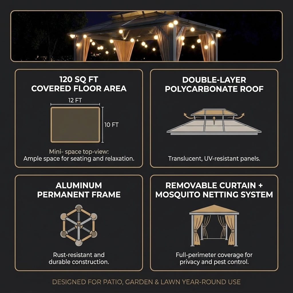 12'X10' Hardtop Gazebo, Aluminum Permanent Pavilion with Polycarbonate Double Roof, Removable Curtains & Mosquito Netting for Patio, Garden, Lawn, Upgrade Your Outdoors (Brown, 12'X10') — Results & Stats