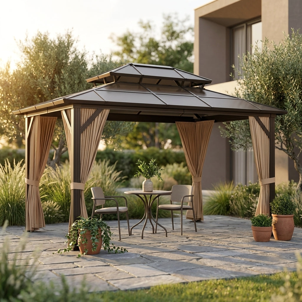 12'X10' Hardtop Gazebo, Aluminum Permanent Pavilion with Polycarbonate Double Roof, Removable Curtains & Mosquito Netting for Patio, Garden, Lawn, Upgrade Your Outdoors (Brown, 12'X10') — Studio Shot