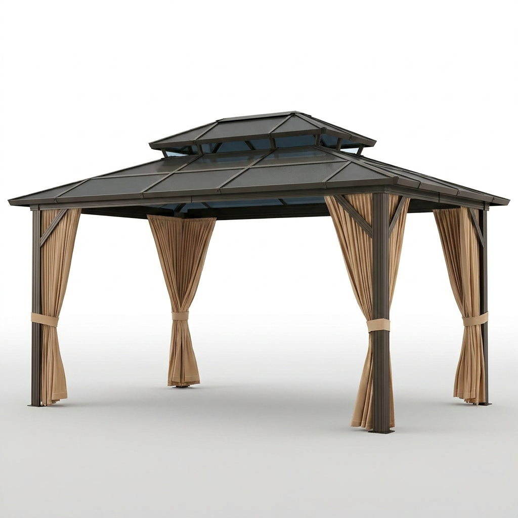 12'X10' Hardtop Gazebo, Aluminum Permanent Pavilion with Polycarbonate Double Roof, Removable Curtains & Mosquito Netting for Patio, Garden, Lawn, Upgrade Your Outdoors (Brown, 12'X10') — Studio Shot