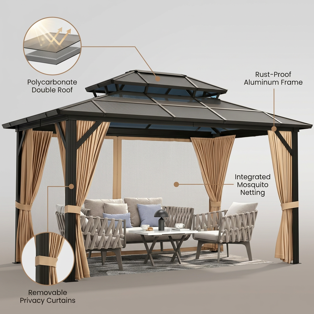 12'X10' Hardtop Gazebo, Aluminum Permanent Pavilion with Polycarbonate Double Roof, Removable Curtains & Mosquito Netting for Patio, Garden, Lawn, Upgrade Your Outdoors (Brown, 12'X10') — infographic
