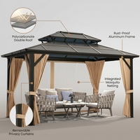 12'X10' Hardtop Gazebo, Aluminum Permanent Pavilion with Polycarbonate Double Roof, Removable Curtains & Mosquito Netting for Patio, Garden, Lawn, Upgrade Your Outdoors (Brown, 12'X10') — infographic