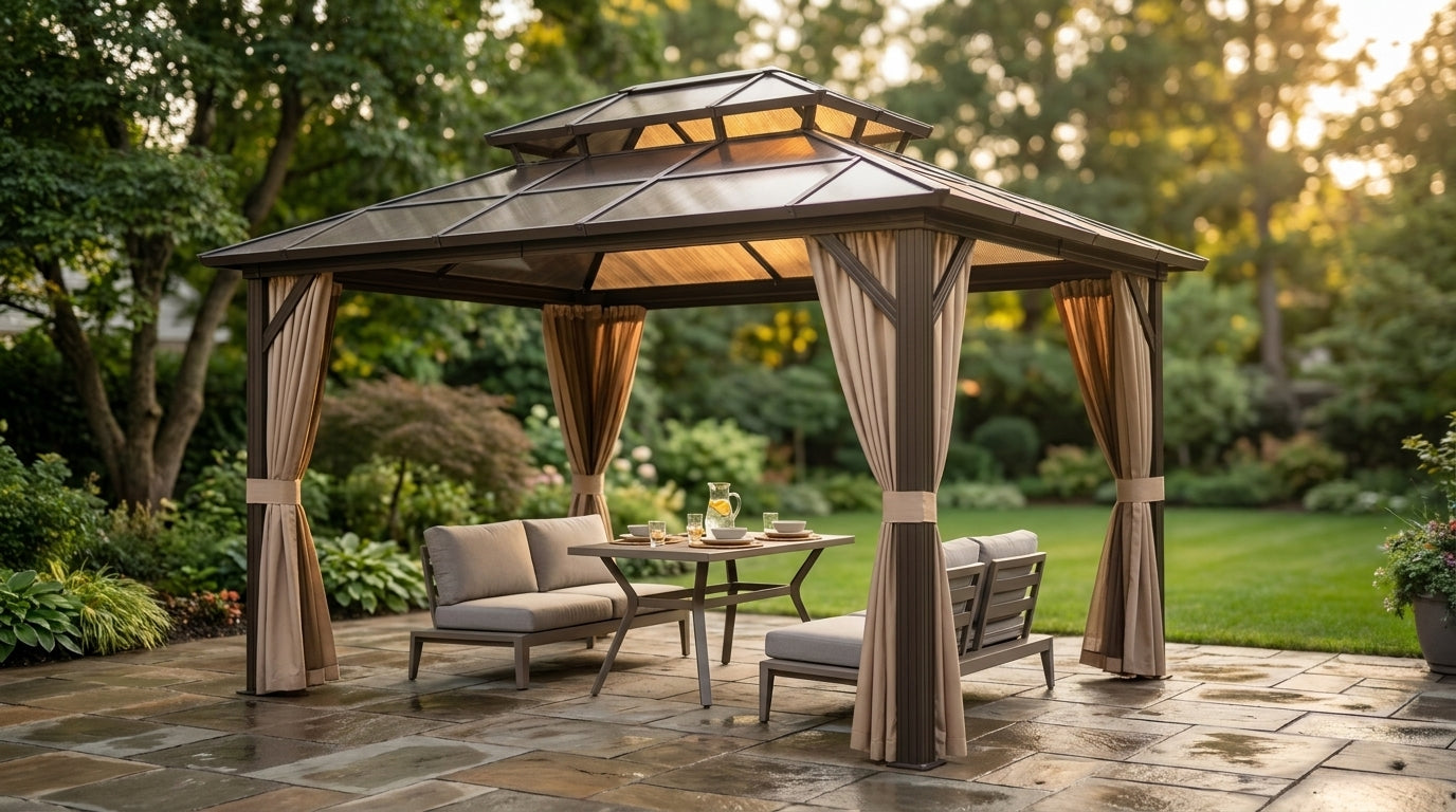 12'X10' Hardtop Gazebo, Aluminum Permanent Pavilion with Polycarbonate Double Roof, Removable Curtains & Mosquito Netting for Patio, Garden, Lawn, Upgrade Your Outdoors (Brown, 12'X10') — Lifestyle