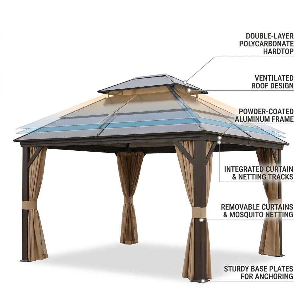 12'X10' Hardtop Gazebo, Aluminum Permanent Pavilion with Polycarbonate Double Roof, Removable Curtains & Mosquito Netting for Patio, Garden, Lawn, Upgrade Your Outdoors (Brown, 12'X10') — How It Works
