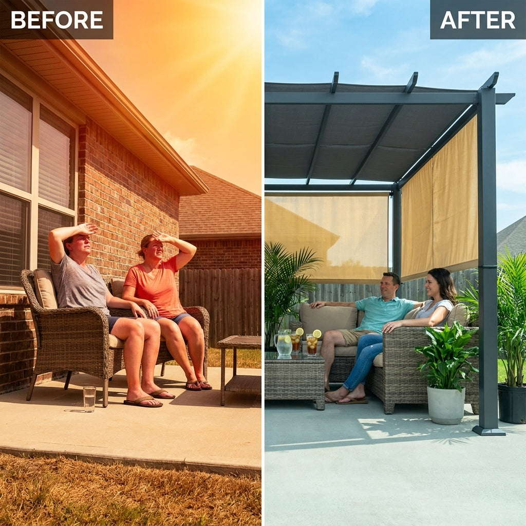 16 Ft. W X 12 Ft. D Aluminum Pergola Outdoor with Dark Gray Retractable Canopy — Before & After