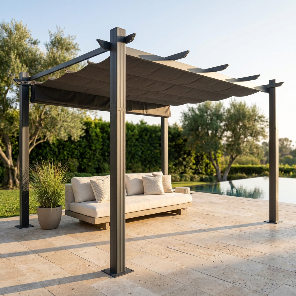 16 Ft. W X 12 Ft. D Aluminum Pergola Outdoor with Dark Gray Retractable Canopy — Studio Shot