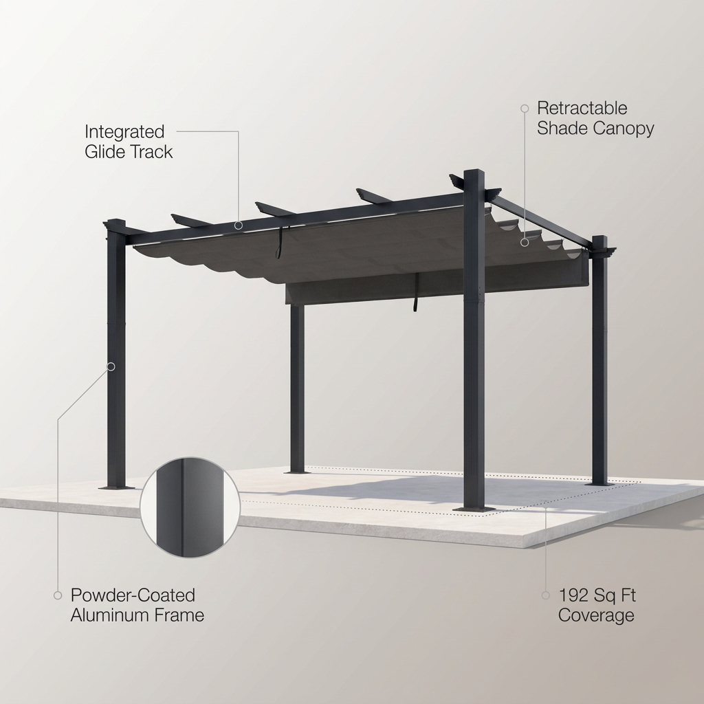 16 Ft. W X 12 Ft. D Aluminum Pergola Outdoor with Dark Gray Retractable Canopy — infographic
