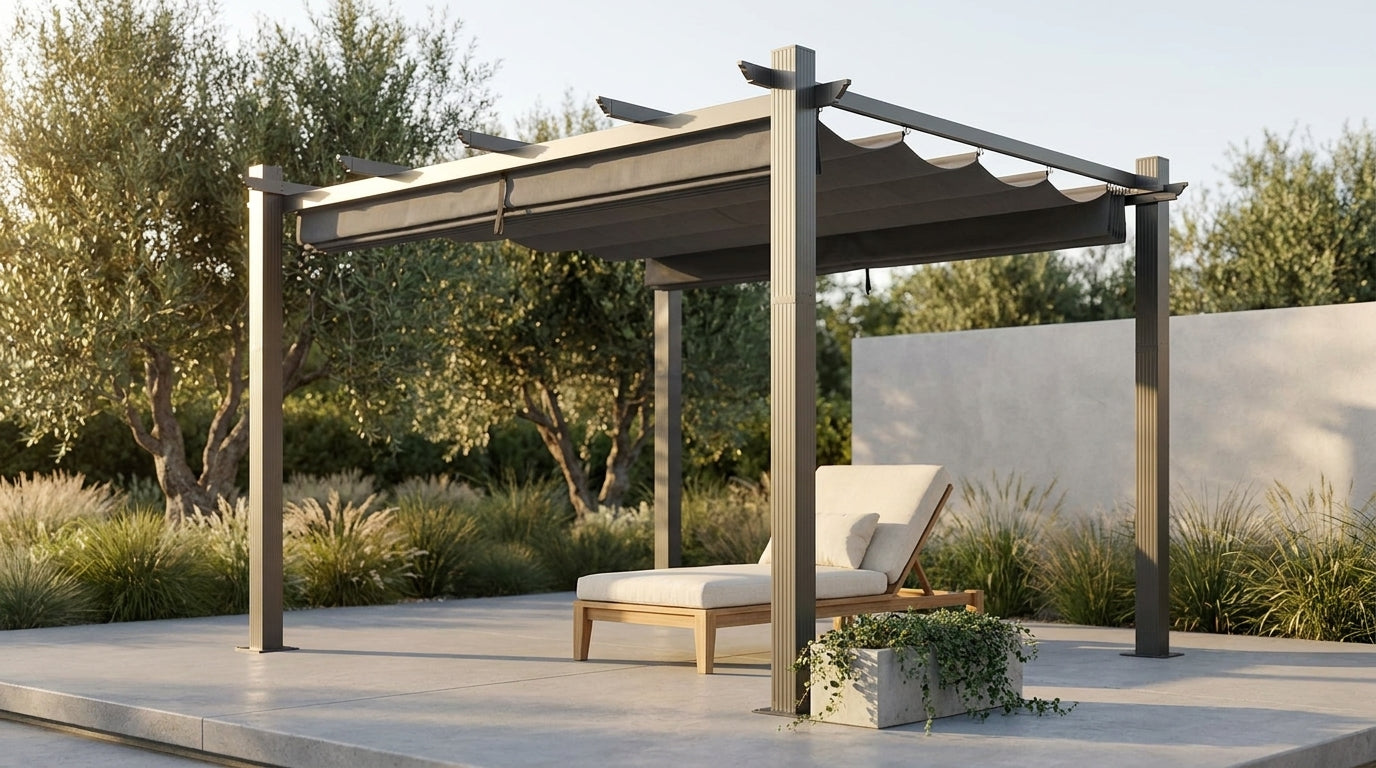 16 Ft. W X 12 Ft. D Aluminum Pergola Outdoor with Dark Gray Retractable Canopy — Lifestyle