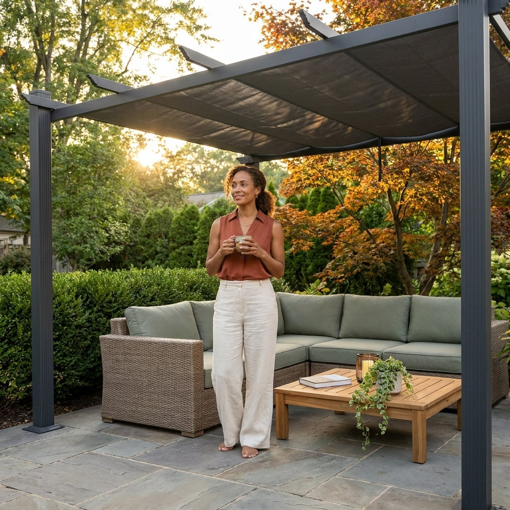 16 Ft. W X 12 Ft. D Aluminum Pergola Outdoor with Dark Gray Retractable Canopy — Lifestyle