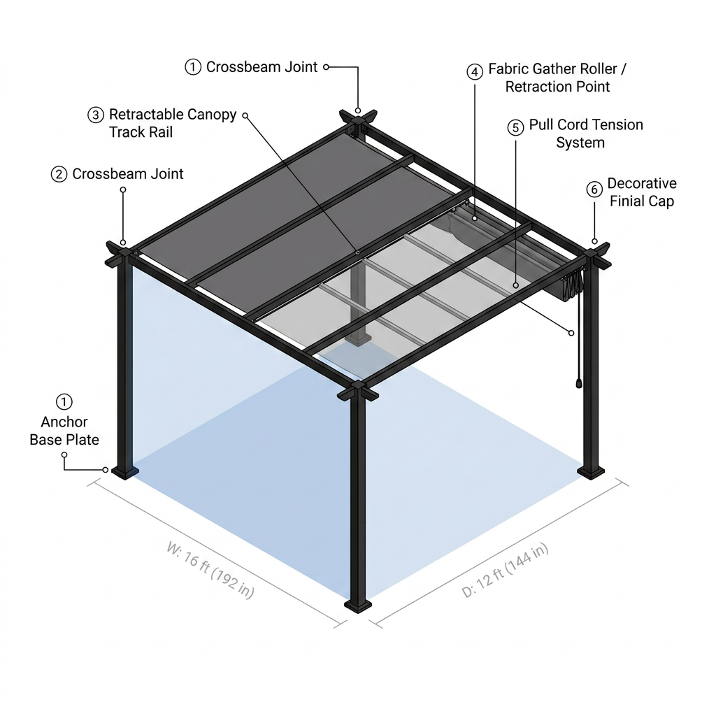 16 Ft. W X 12 Ft. D Aluminum Pergola Outdoor with Dark Gray Retractable Canopy — How It Works