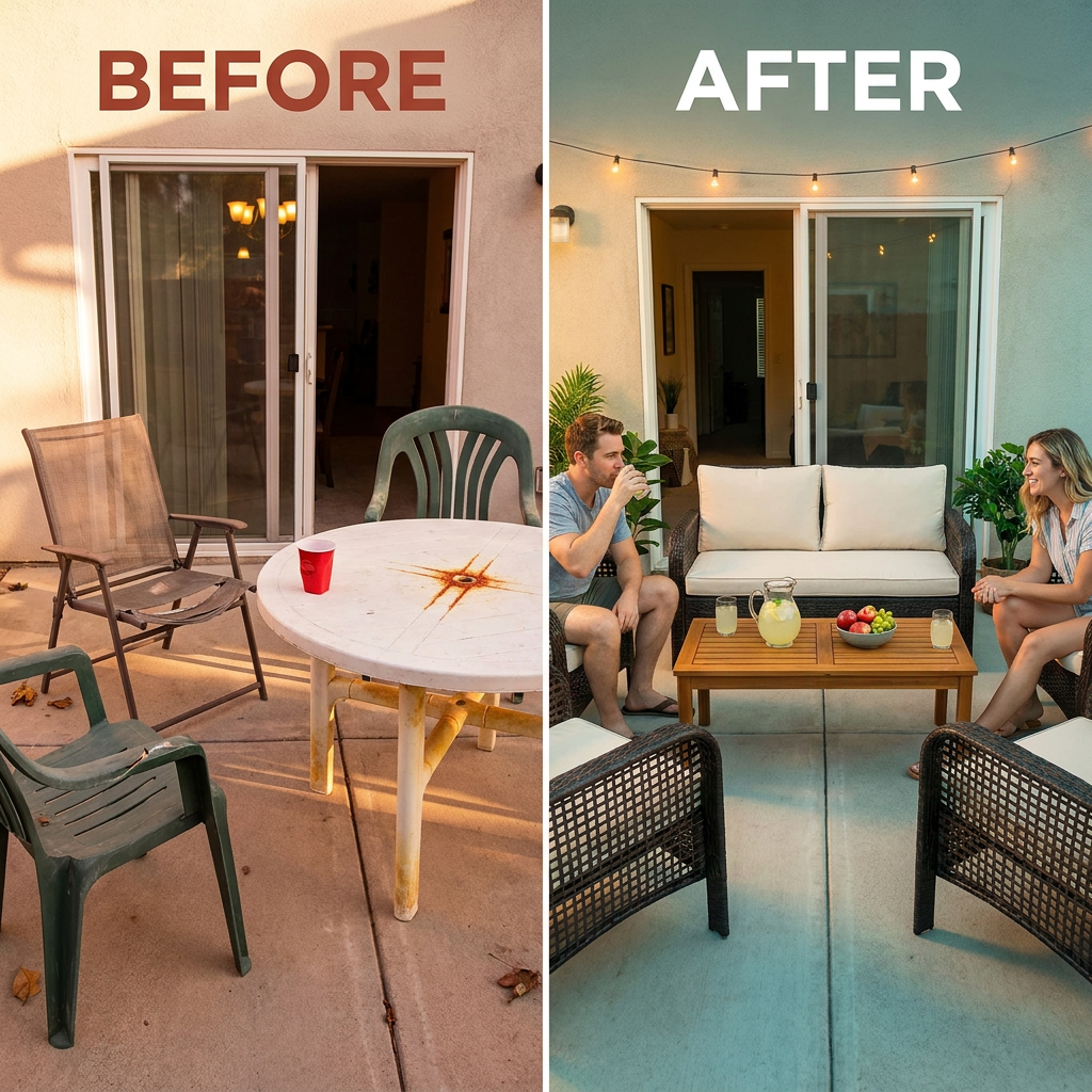 4-Piece Wicker Patio Conversation Set with Cushion, Outdoor Patio Furniture Set with Wood Table Top-Grey Cushions — Before & After