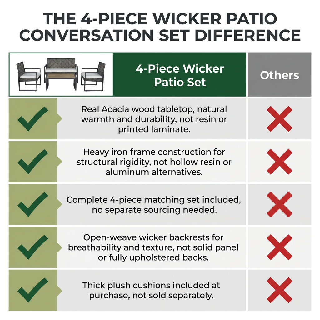 4-Piece Wicker Patio Conversation Set with Cushion, Outdoor Patio Furniture Set with Wood Table Top-Grey Cushions — Comparison