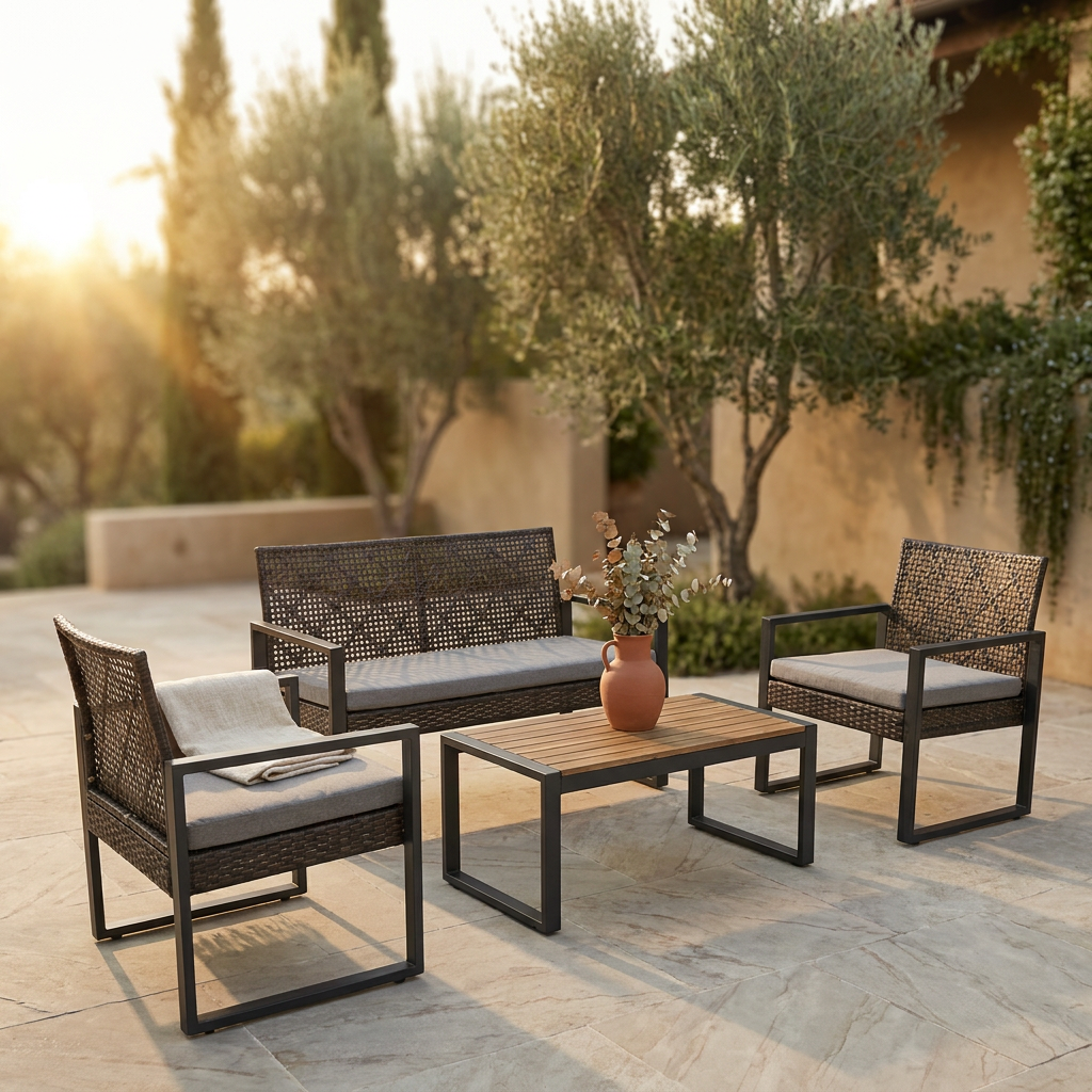 4-Piece Wicker Patio Conversation Set with Cushion, Outdoor Patio Furniture Set with Wood Table Top-Grey Cushions — Studio Shot