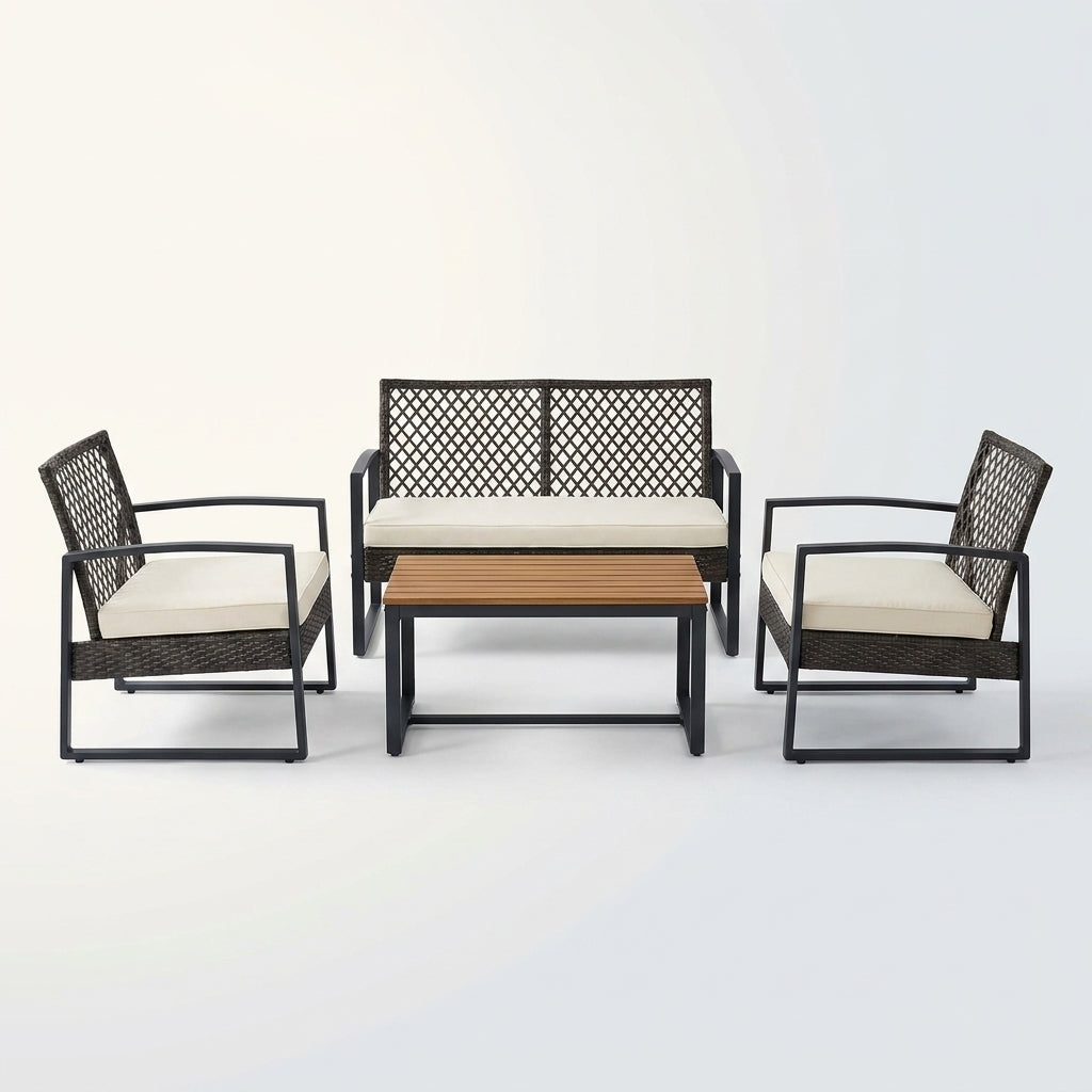 4-Piece Wicker Patio Conversation Set with Cushion, Outdoor Patio Furniture Set with Wood Table Top-Grey Cushions — Studio Shot