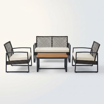 Outdoor Patio Furniture Set Built to Last, 4-Piece Wicker with Acacia Wood Top, Iron Frame, Grey Cushions