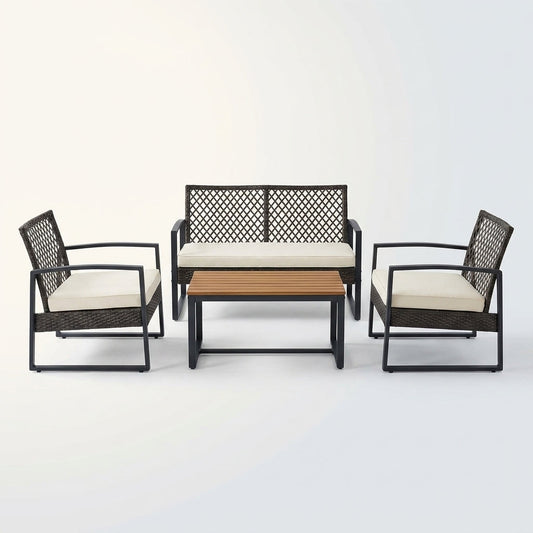 4-Piece Wicker Patio Conversation Set with Cushion, Outdoor Patio Furniture Set with Wood Table Top-Grey Cushions — Studio Shot