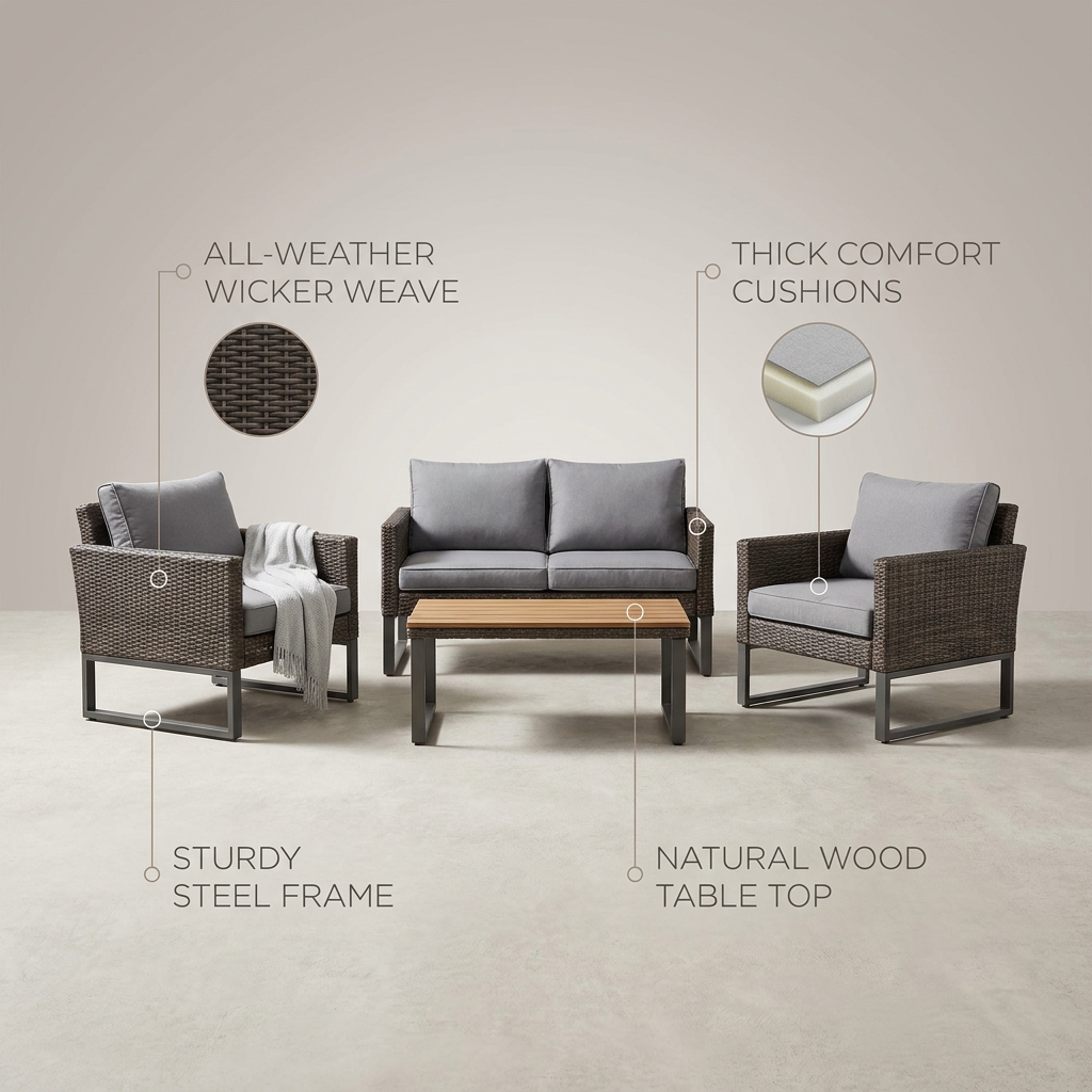 4-Piece Wicker Patio Conversation Set with Cushion, Outdoor Patio Furniture Set with Wood Table Top-Grey Cushions — infographic