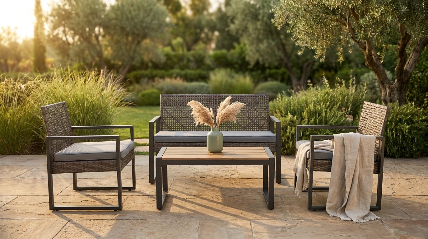 4-Piece Wicker Patio Conversation Set with Cushion, Outdoor Patio Furniture Set with Wood Table Top-Grey Cushions — Lifestyle