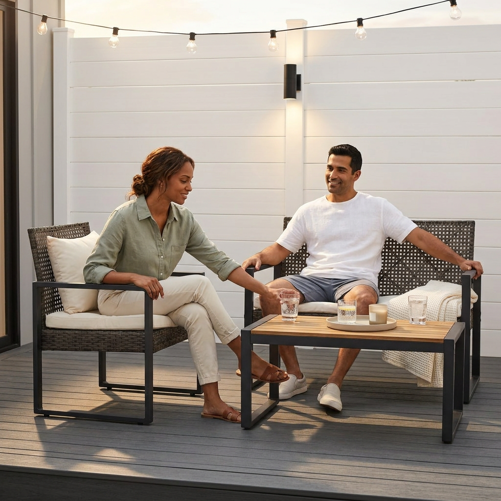4-Piece Wicker Patio Conversation Set with Cushion, Outdoor Patio Furniture Set with Wood Table Top-Grey Cushions — Lifestyle