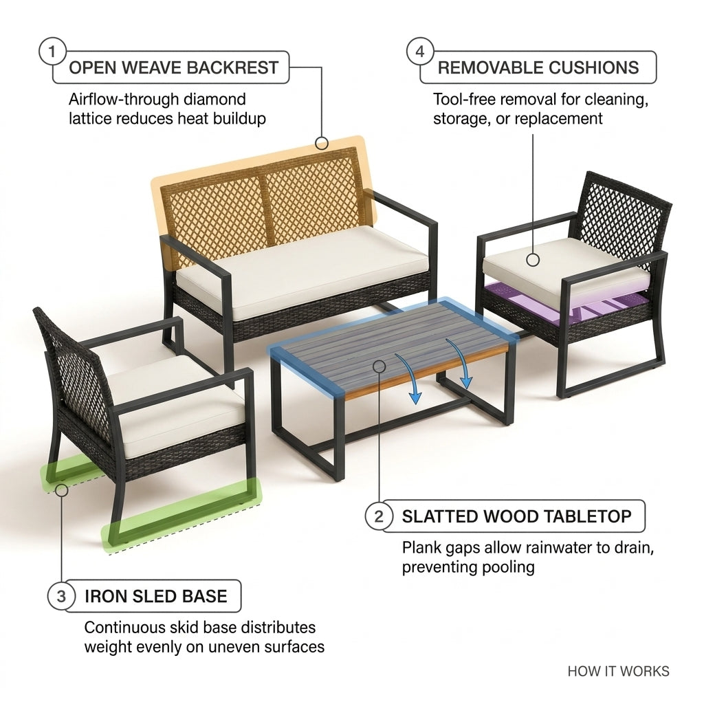 4-Piece Wicker Patio Conversation Set with Cushion, Outdoor Patio Furniture Set with Wood Table Top-Grey Cushions — How It Works