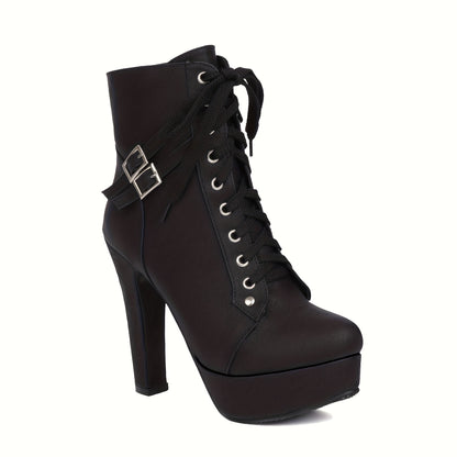 [Everyday Elegance] Women's Black Platform High Heels - Fashionable Round-Toe Lace-Up Boots with Buckle Straps, Thick Sole, and Side Button Detail, Stylish PU Cover Dress Boots