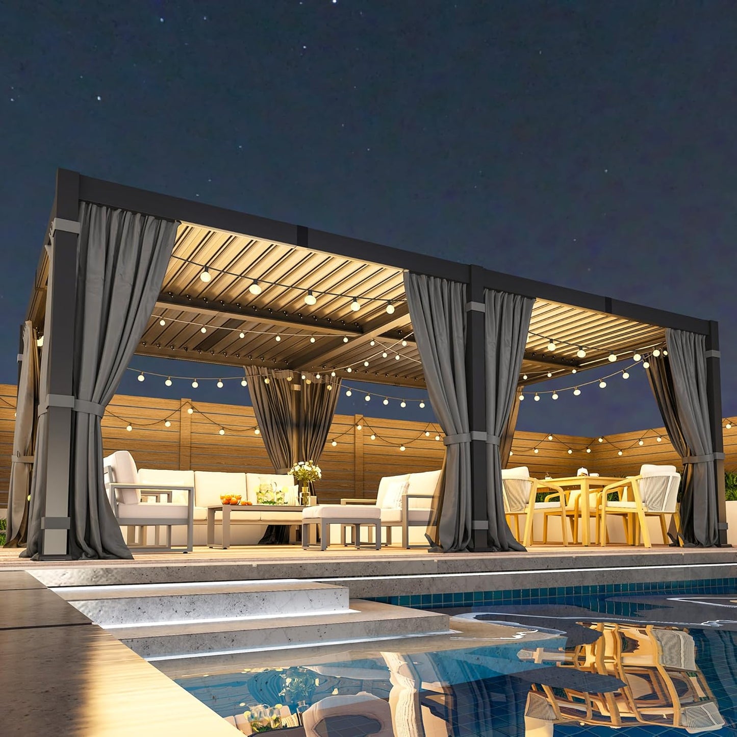 12' X 20' Louvered Pergola, Outdoor Pergola with Curtains & Netting, Metal Patio Pergola with Adjustable Louvers Roof and Gutter System, Metal Hardtop Gazebo for Patio, Deck, Garden, Yard, Dark Gray