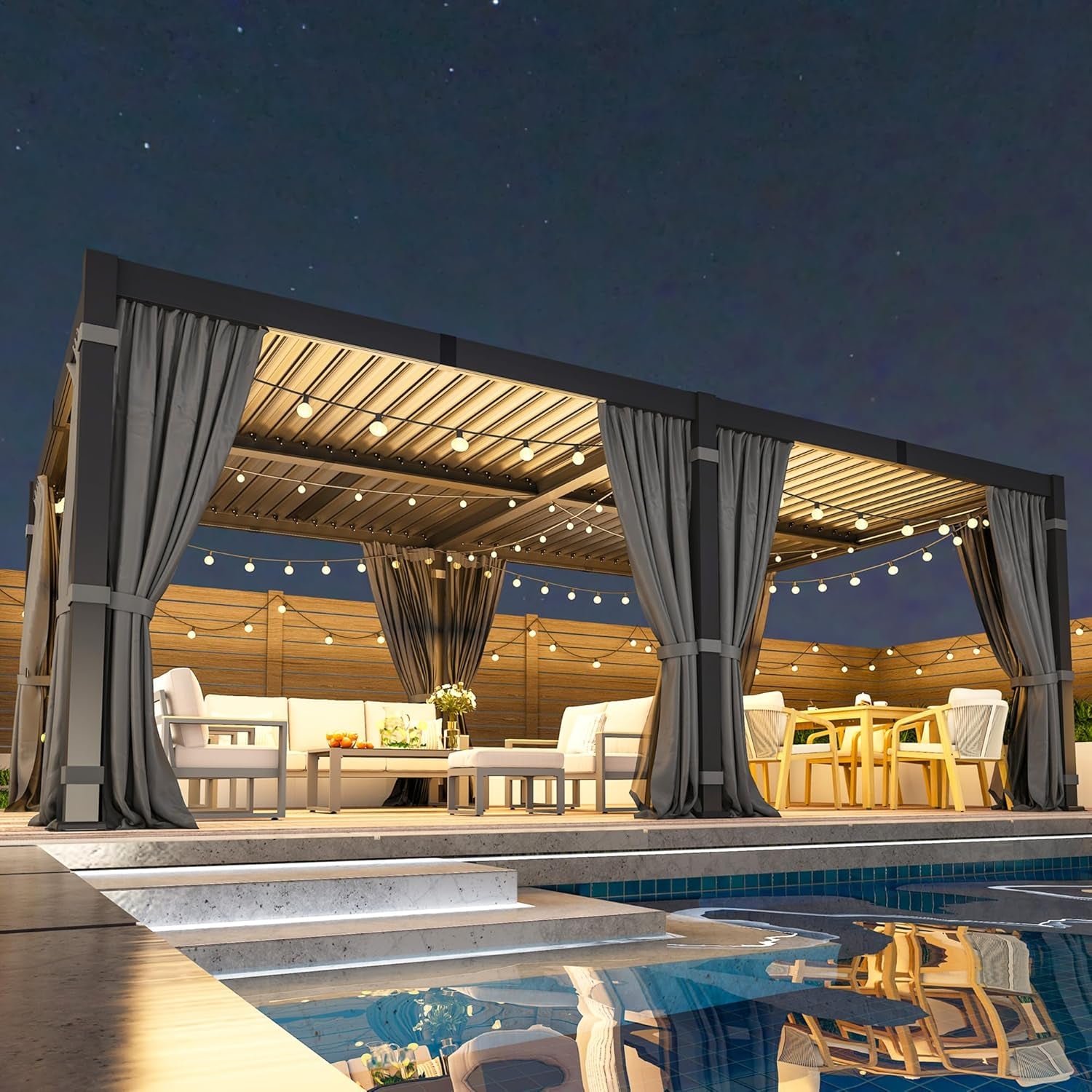 12' X 20' Louvered Pergola, Outdoor Pergola with Curtains & Netting, Metal Patio Pergola with Adjustable Louvers Roof and Gutter System, Metal Hardtop Gazebo for Patio, Deck, Garden, Yard, Dark Gray