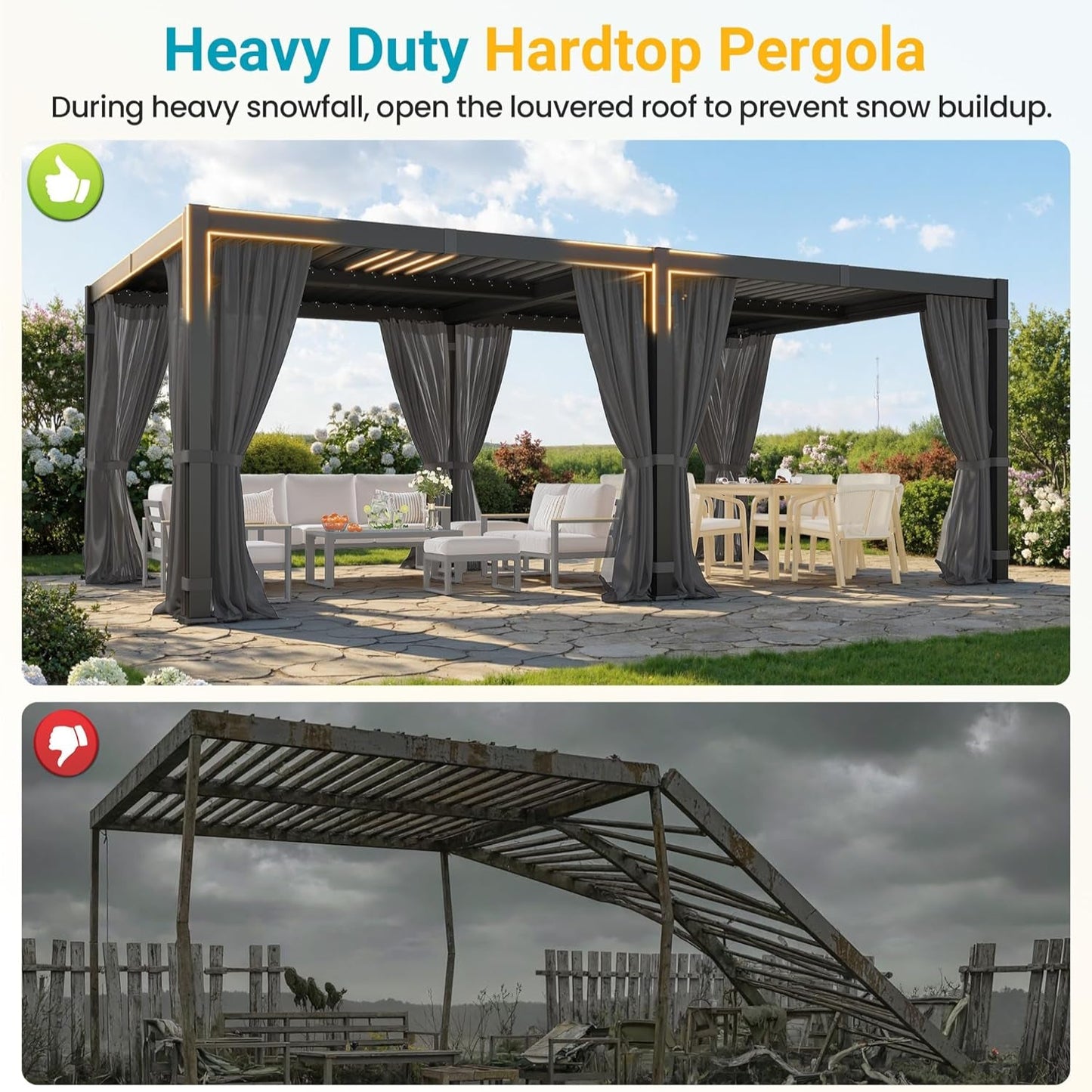 12' X 20' Louvered Pergola, Outdoor Pergola with Curtains & Netting, Metal Patio Pergola with Adjustable Louvers Roof and Gutter System, Metal Hardtop Gazebo for Patio, Deck, Garden, Yard, Dark Gray