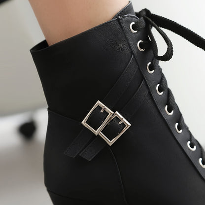 [Everyday Elegance] Women's Black Platform High Heels - Fashionable Round-Toe Lace-Up Boots with Buckle Straps, Thick Sole, and Side Button Detail, Stylish PU Cover Dress Boots