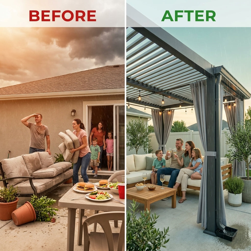 Metal Louvered Pergola Designed for Year-Round Outdoor Living, Adjustable Louvers, Gutter System, 12x20 Feet — Before & After