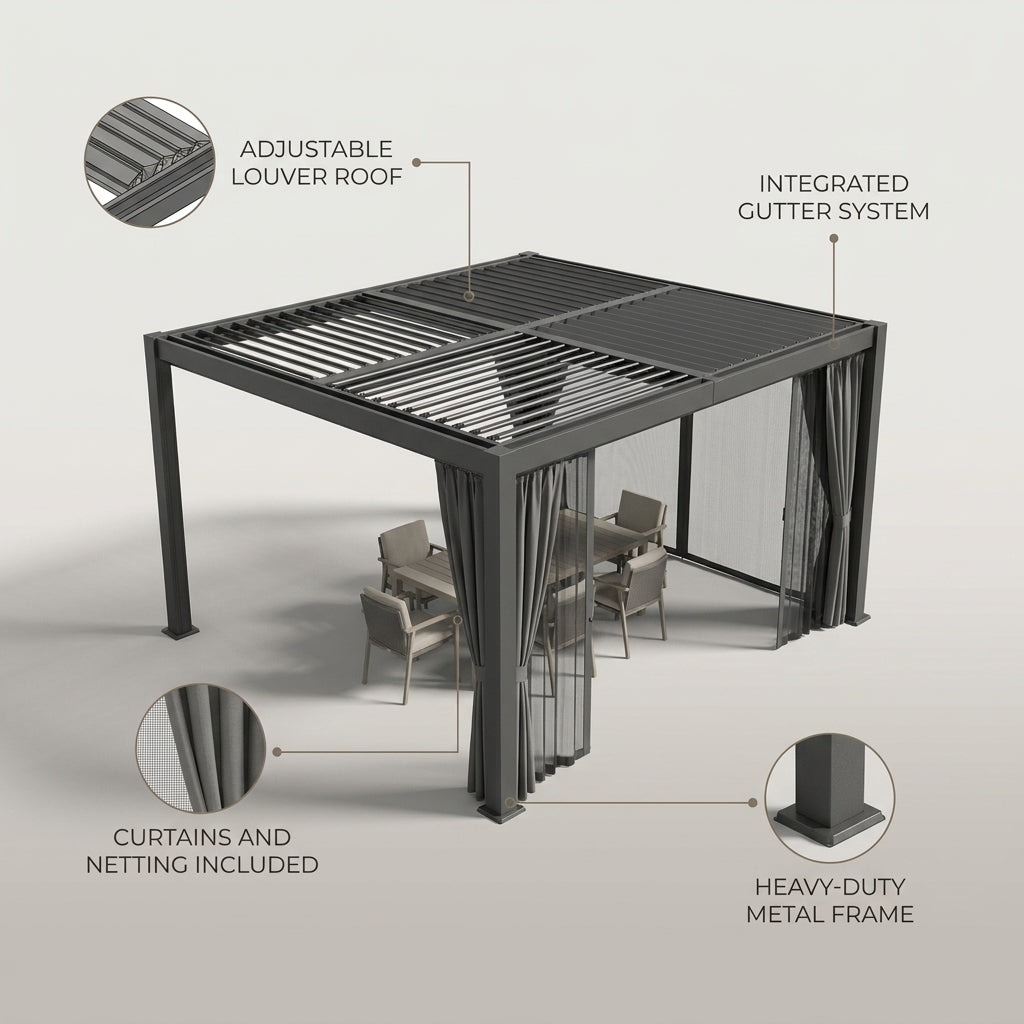 Metal Louvered Pergola Designed for Year-Round Outdoor Living, Adjustable Louvers, Gutter System, 12x20 Feet — infographic