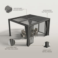 Metal Louvered Pergola Designed for Year-Round Outdoor Living, Adjustable Louvers, Gutter System, 12x20 Feet — infographic