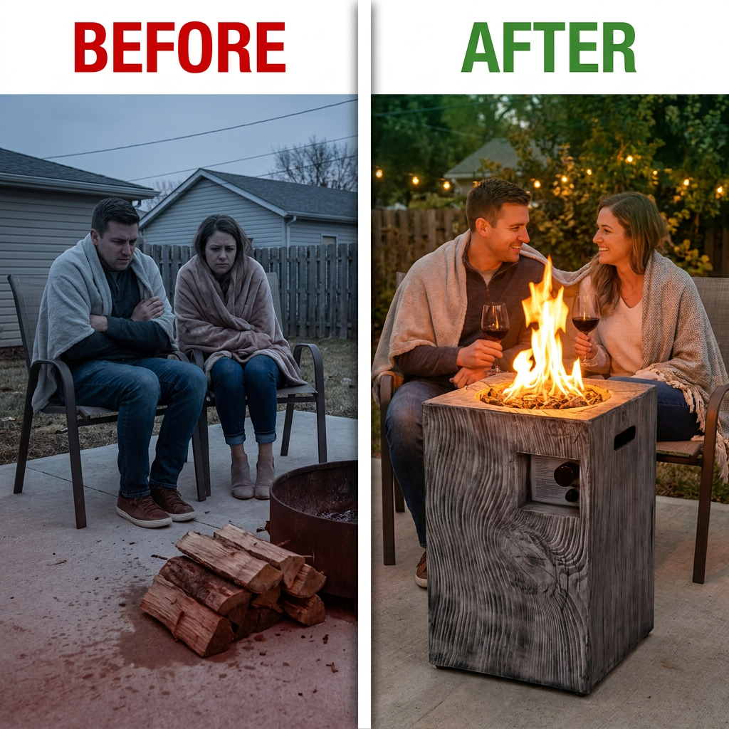 Outdoor Propane Fire Pit, 30000 BTU Column Propane Fire Pit, Wood-Look Surface — Before & After