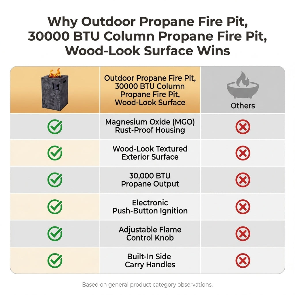 Outdoor Propane Fire Pit, 30000 BTU Column Propane Fire Pit, Wood-Look Surface — Comparison