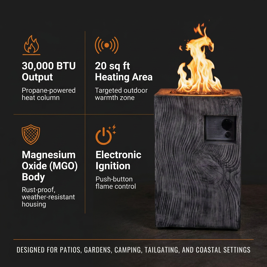 Outdoor Propane Fire Pit, 30000 BTU Column Propane Fire Pit, Wood-Look Surface — Results & Stats
