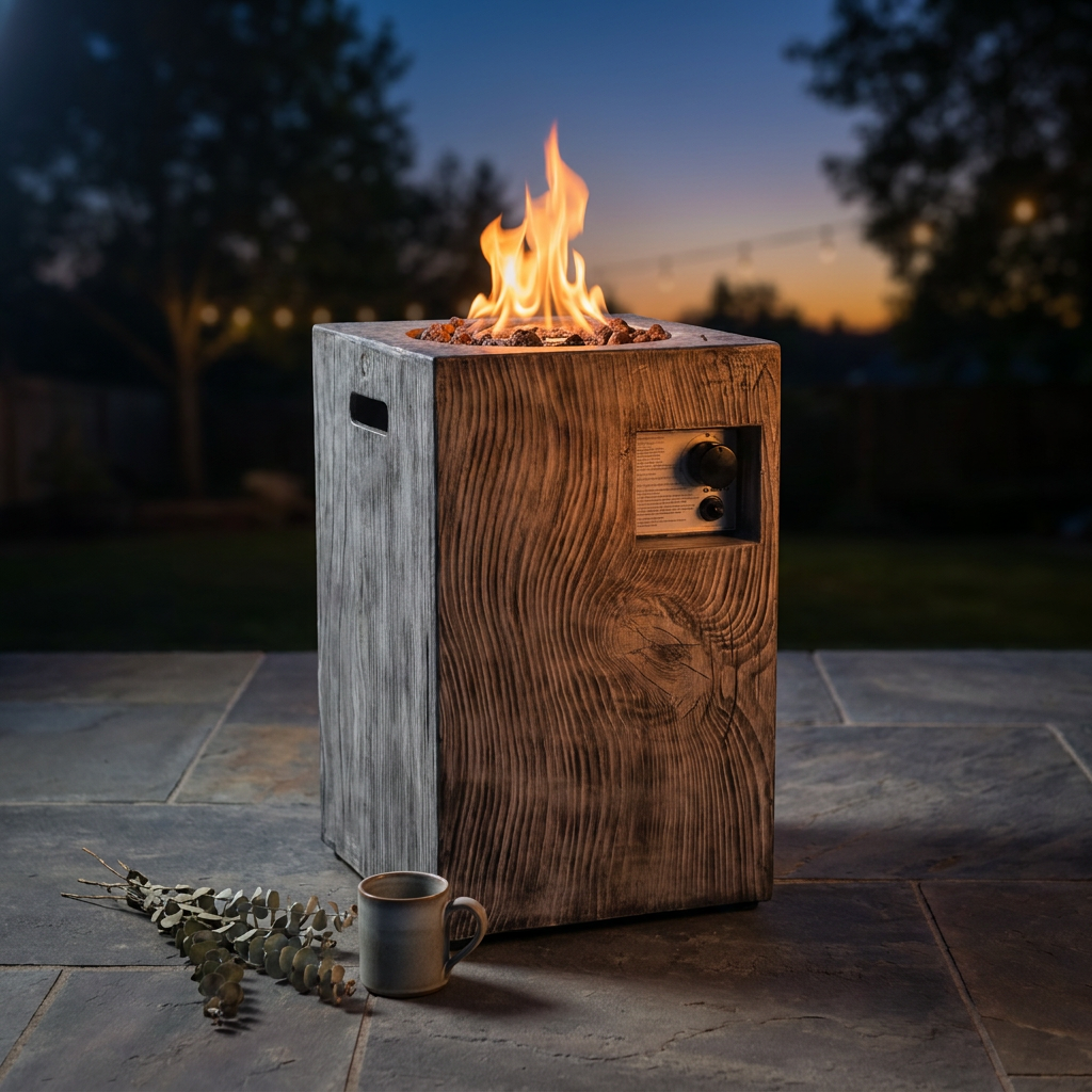 Outdoor Propane Fire Pit, 30000 BTU Column Propane Fire Pit, Wood-Look Surface — Studio Shot