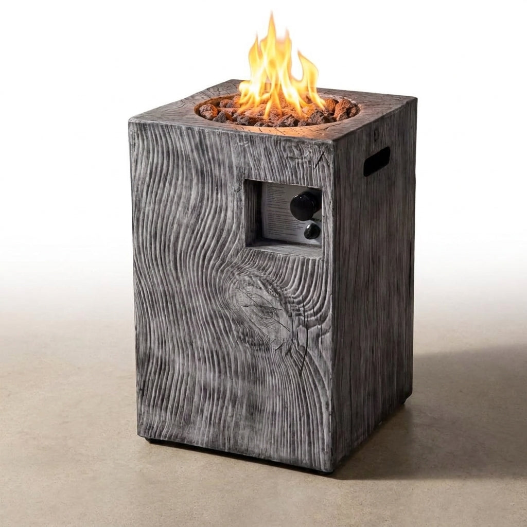 Outdoor Propane Fire Pit, 30000 BTU Column Propane Fire Pit, Wood-Look Surface — Studio Shot