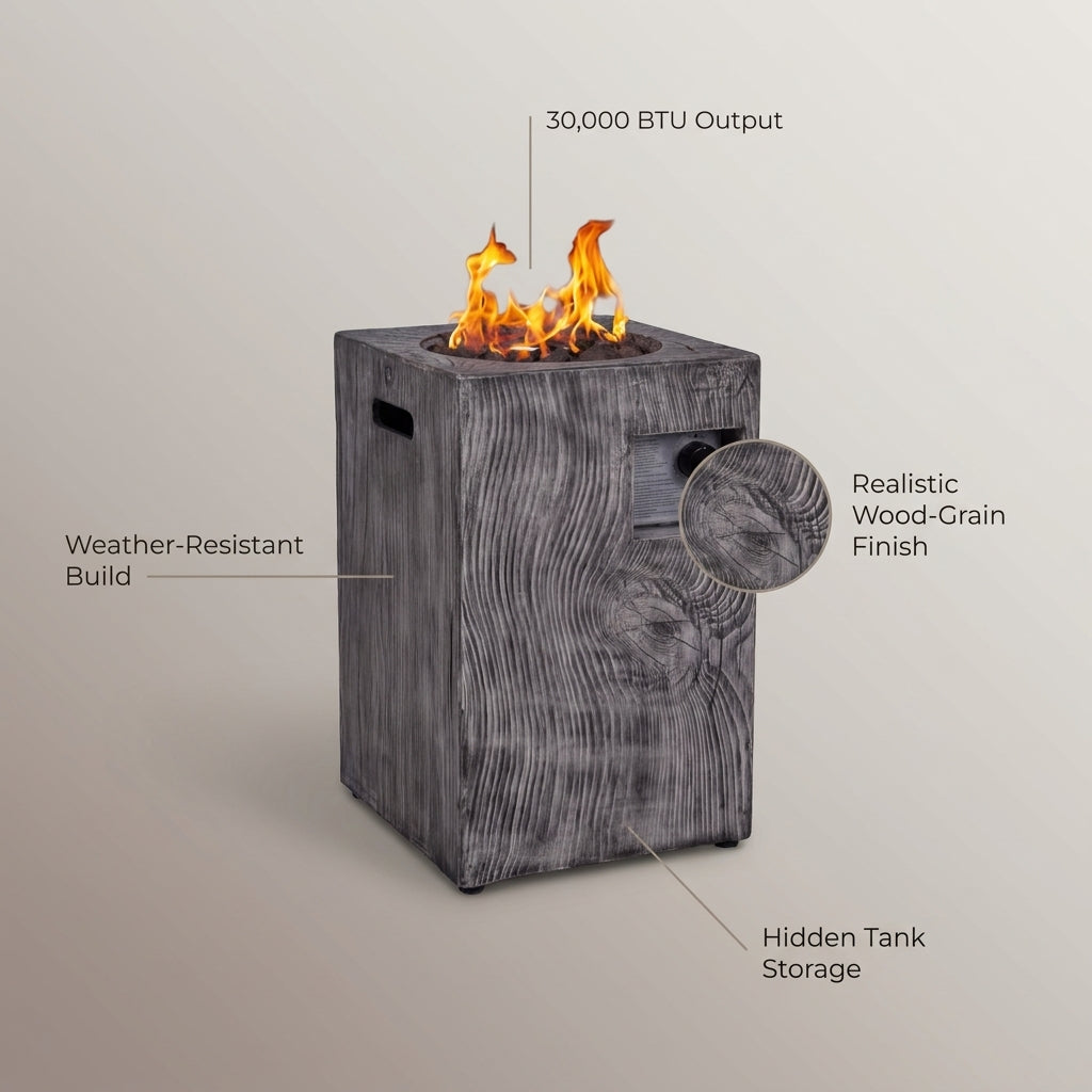 Outdoor Propane Fire Pit, 30000 BTU Column Propane Fire Pit, Wood-Look Surface — infographic