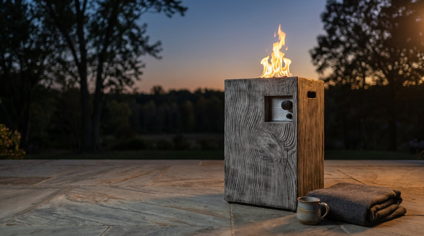 Outdoor Propane Fire Pit, 30000 BTU Column Propane Fire Pit, Wood-Look Surface — Lifestyle
