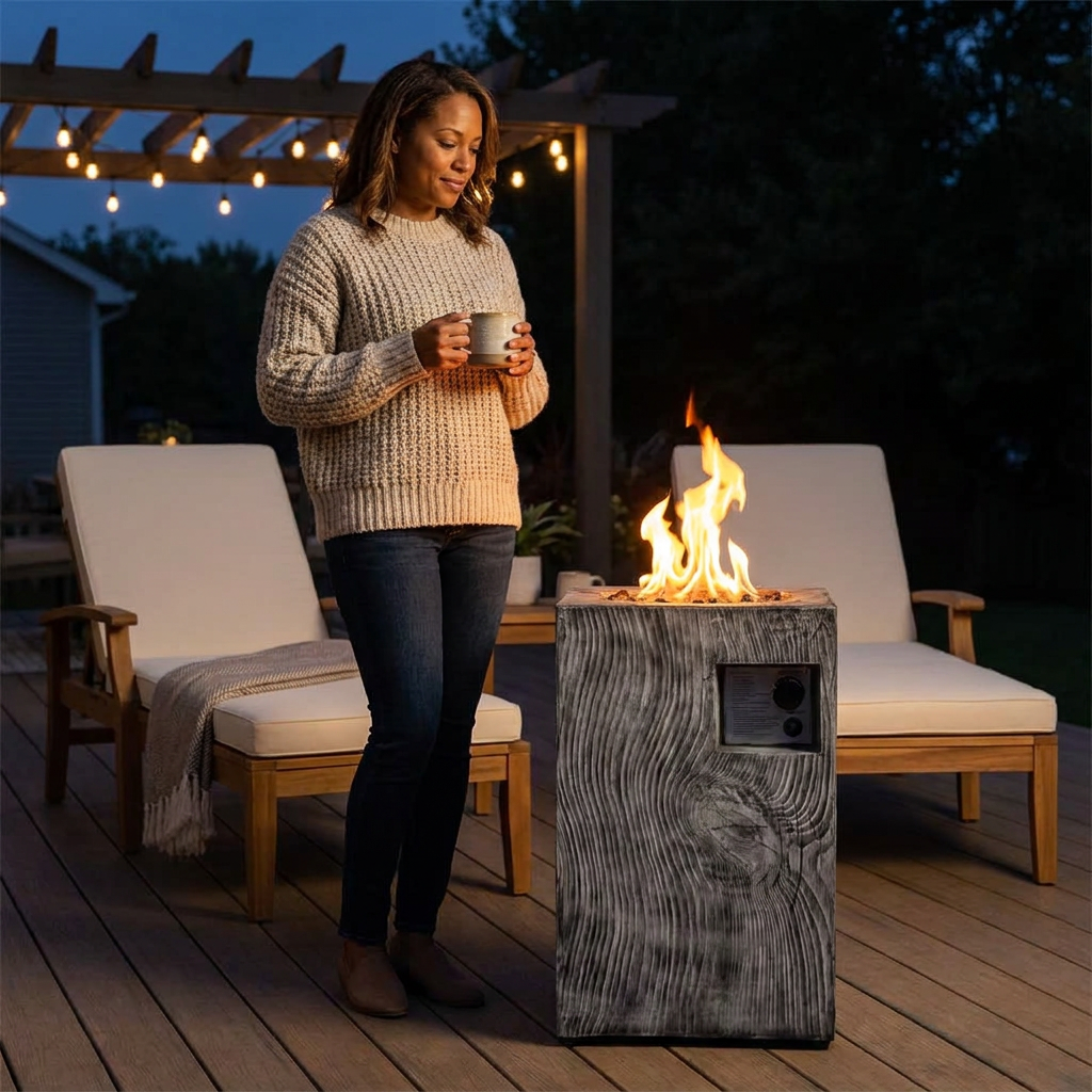 Outdoor Propane Fire Pit, 30000 BTU Column Propane Fire Pit, Wood-Look Surface — Lifestyle