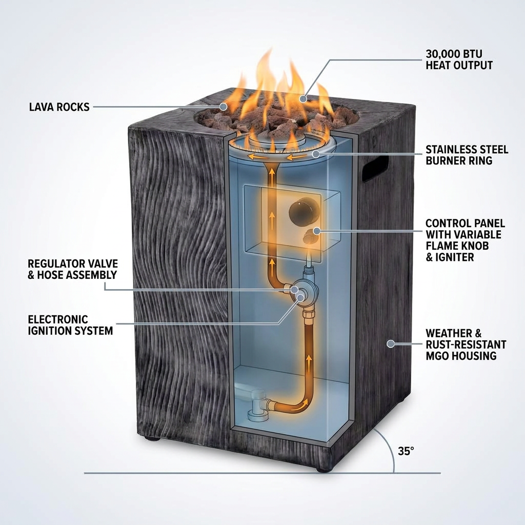 Outdoor Propane Fire Pit, 30000 BTU Column Propane Fire Pit, Wood-Look Surface — How It Works