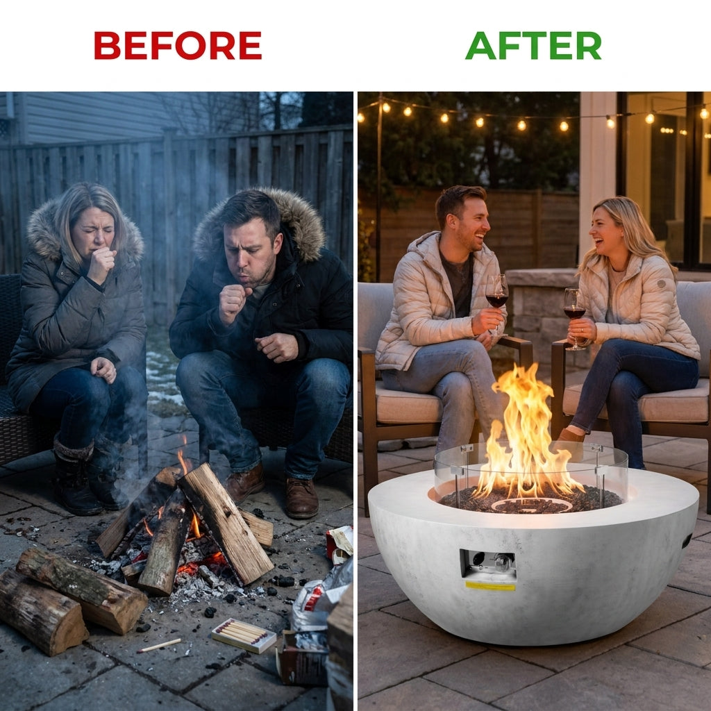 Propane Fire Pit, Outdoor Concrete Gas Fire Pit, 39 in Tabletop with Lava Rocks, Lid,Rain Cover,Adjust Flame Height Camping Firepit for Heating, Lighting, 50000 BTU — Before & After