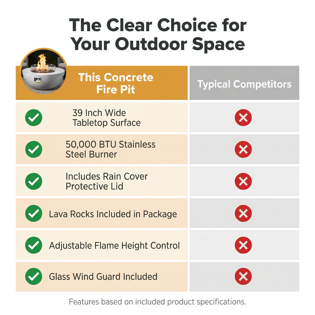 Propane Fire Pit, Outdoor Concrete Gas Fire Pit, 39 in Tabletop with Lava Rocks, Lid,Rain Cover,Adjust Flame Height Camping Firepit for Heating, Lighting, 50000 BTU — Comparison